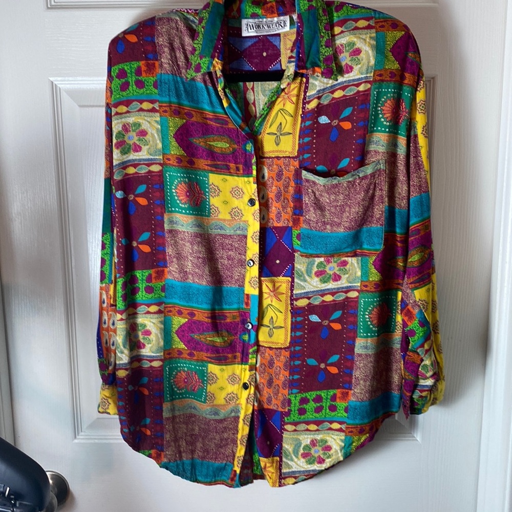 Vintage Multicolor Patch Work Shirt Button Down Long Sleeve Size Medium